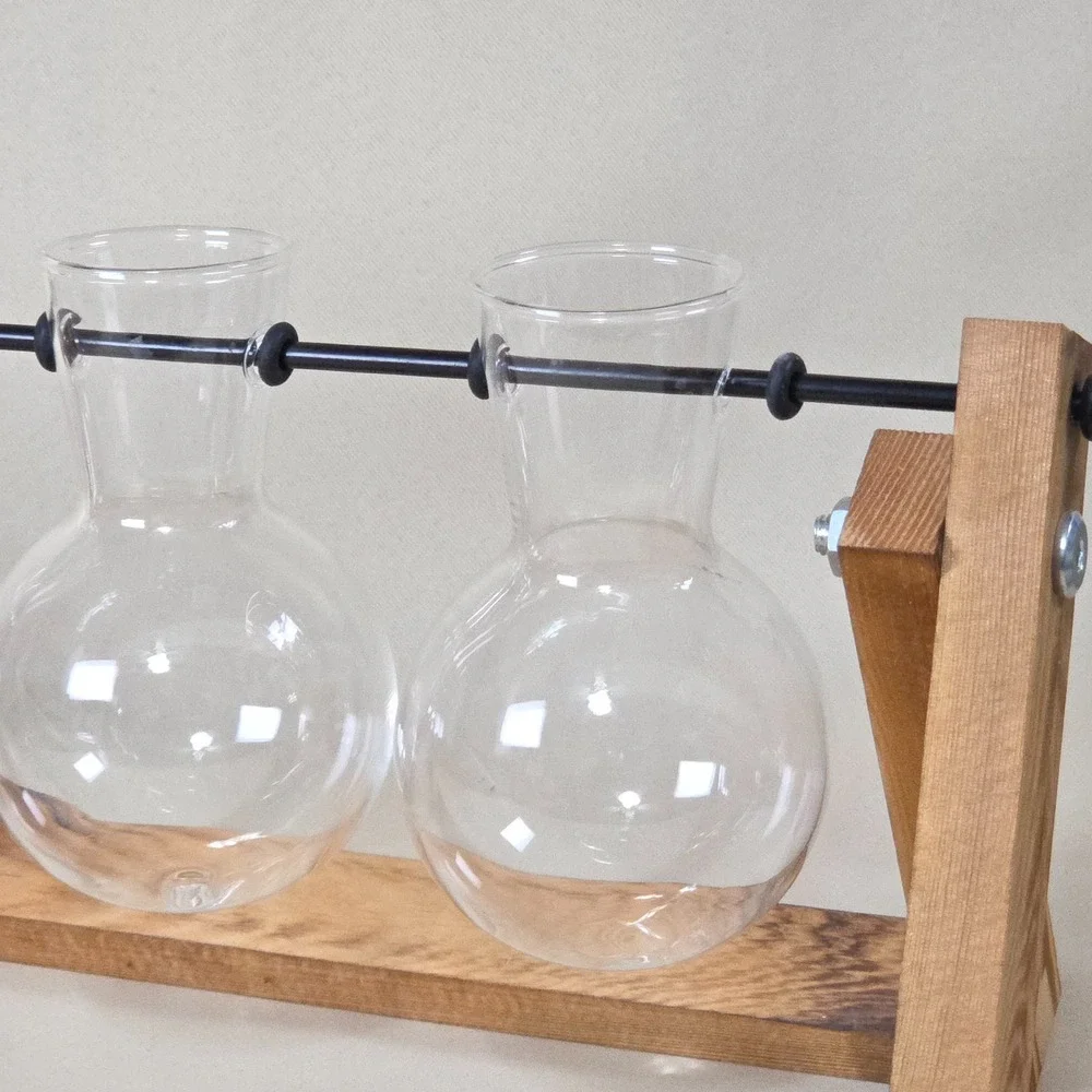 Plant Propagation Station 3 Bulb Glass Vases Burnt Wood Stand Terrarium